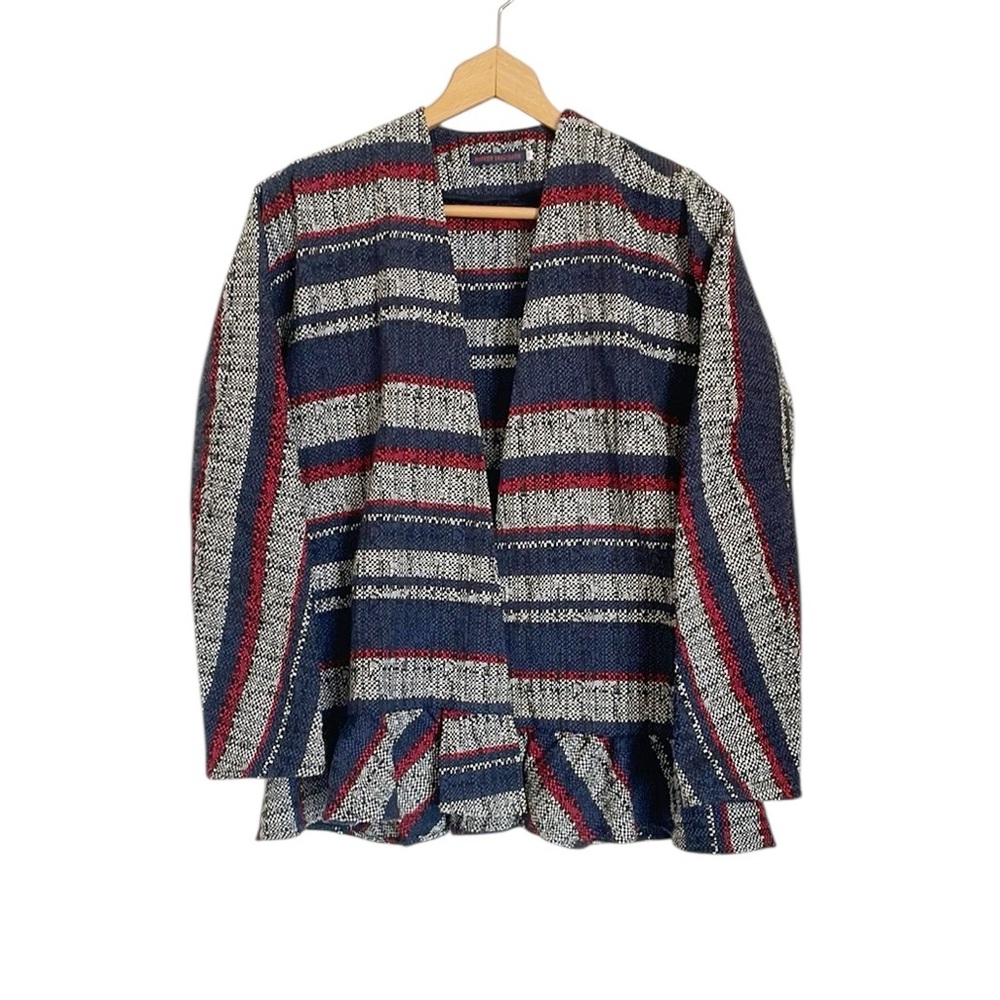 Harvey Faircloth Open Front Woven Stripe Blue Red Ruffle Hem Blazer Jacket sz 0
